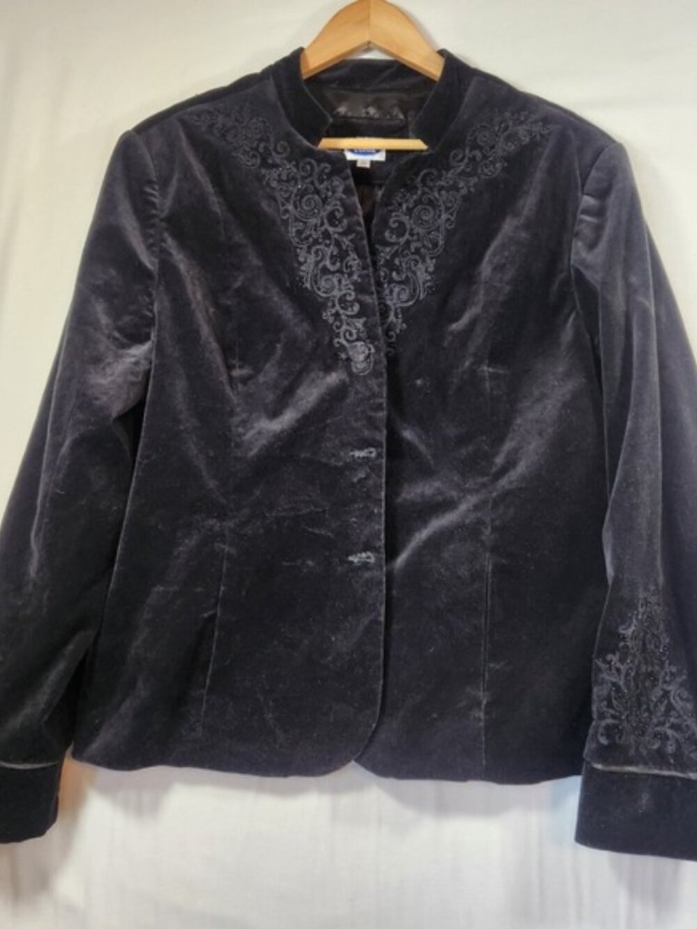 Gothic Black Velvet Beaded Embroidered Blazer Jacket whimsigoth Womens XL‎
